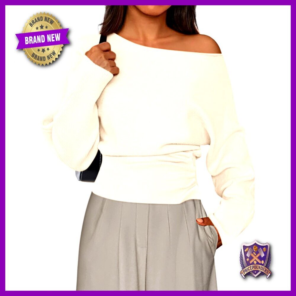 Off Shoulder Batwing Sleeve Pullover Sweater Ribbed Knit Ruched Waist